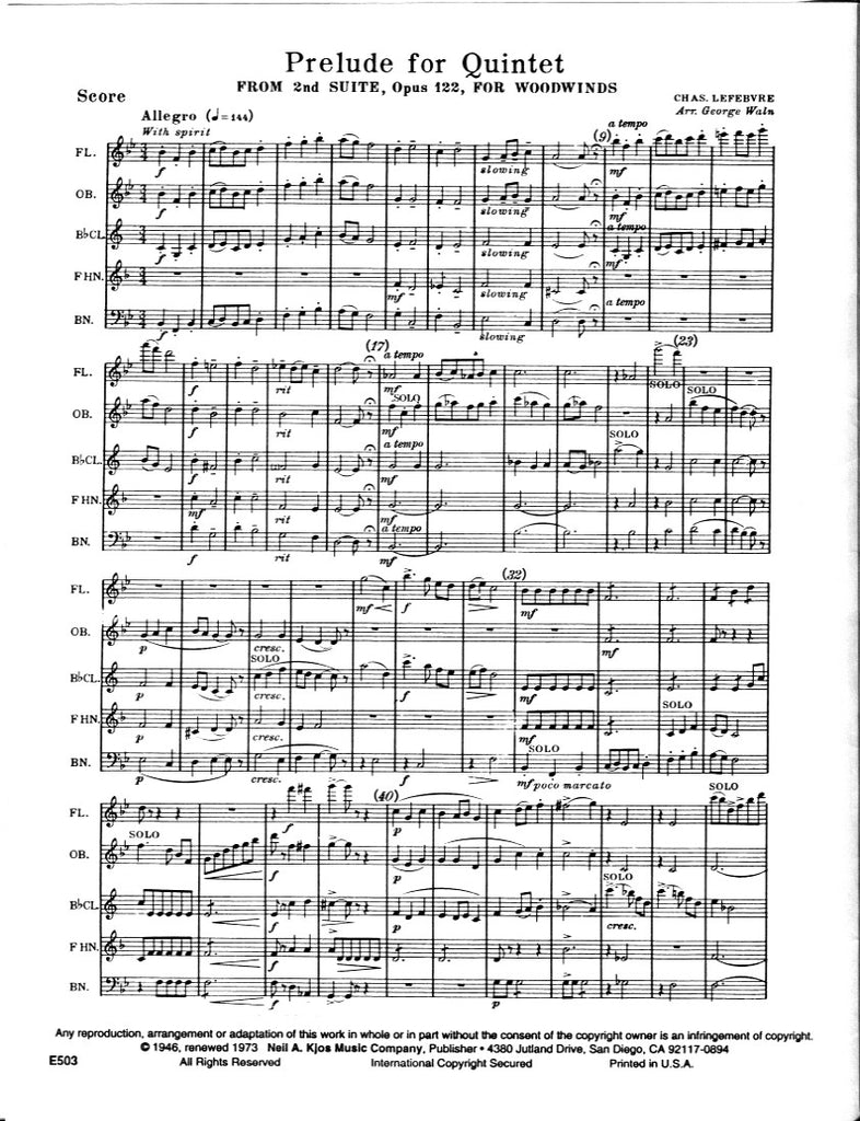 Prelude for Quintet from 2nd Suite, op. 122 (score - Trevco Music
